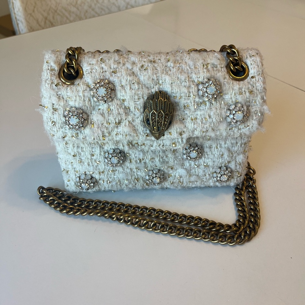 Kurt Geiger White Tweed Crossbody Bag With Gold Accents